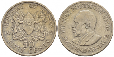 Кения 50 центов 1969 Джомо Кениата KM 13 медно-никель 4548-531