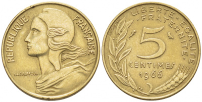 ФРАНЦИЯ 5 САНТИМОВ 1966 ТИП MARIANNE KM 933, LE FRANC 125.2 алюминиевая бронза 112-825