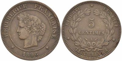 ФРАНЦИЯ 5 САНТИМОВ 1896 A, ТРЕТЬЯ РЕСПУБЛИКА (1871-1940) KM 821.1, LE FRANC 118.38 бронза 108-742