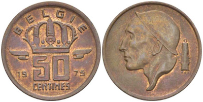 Бельгия 50 сантимов 1975 Belgie, Бодуэн I (1951-1993) KM 149.1 бронза 3458-111