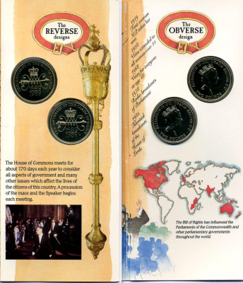 Великобритания набор из 2 монет по 2 доллара 1989 300 лет Биллю о правах, 300 лет Праву престолонаследования, в оригинальном картонном буклете KM 960, 961, Spink никель латунь BUNC 5-4-4-31