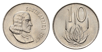 ЮАР 10 центов 1967 Ян ван Рибек (1619-1677), South Africa, легенда на африкаанс, цветок алоэ KM 68.1 никель BU 4690-1061
