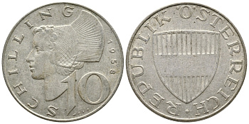 Австрия 10 шиллингов 1958 KM 2882 серебро 4606-917