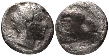 Древняя Греция, Кария, Галикарнас гемиобол 400 - 340 гг. до н.э. голова Аполлона / голова барана, 0,39 гр SNG Helsinki 873; SNG Kayhan 996 серебро 1073-9-54