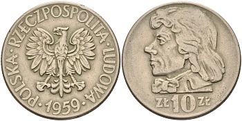 Польша 10 злотых 1959 MW, Тадеуш Костюшко, первый год KM 50 медно-никель    4149-135