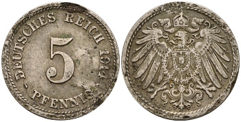 Германия 5 пфеннигов 1914 D KM 11, J. 12 медно-никель 4151-549