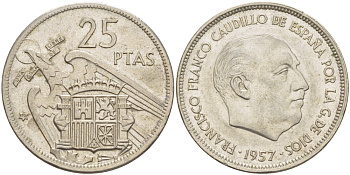 ИСПАНИЯ 25 ПЕСЕТ 1957 (72) ФРАНСИСКО ФРАНКО ДИКТАТОР ИСПАНИИ ( 1939- 1975) KM 787 медно-никель 216-711