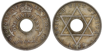 Британская Западная Африка 1/2 пенни 1947 KN, Георг VI KM 18 медно-никель 25-1821