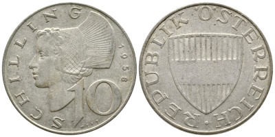 Австрия 10 шиллингов 1958 KM 2882 серебро 4606-917