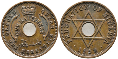 Нигерия 1/2 пенни 1959 Елизавета II (1952-), Британский протекторат KM 1 бронза 4387-156