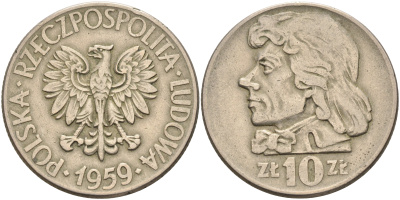 Польша 10 злотых 1959 MW, Тадеуш Костюшко, первый год KM 50 медно-никель    4149-135