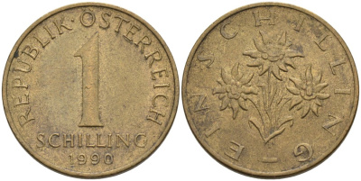 АВСТРИЯ 1 ШИЛЛИНГ 1990 КМ 2886 алюминиевая бронза 4573-312