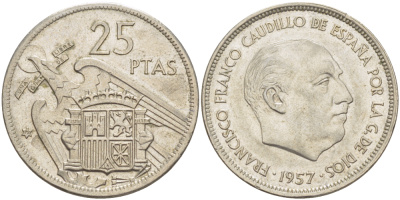 ИСПАНИЯ 25 ПЕСЕТ 1957 (72) ФРАНСИСКО ФРАНКО ДИКТАТОР ИСПАНИИ ( 1939- 1975) KM 787 медно-никель 216-711