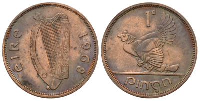 Ирландия 1 пенни 1968 курица с цыплятами KM 11 бронза UNC 4521-234