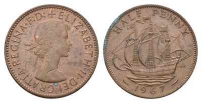 Великобритания 1/2 пенни 1967 Елизавета II (1952-2022) KM 896, Spink 4158 бронза 4663-126