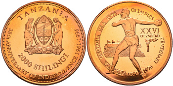 Танзания 2000 шиллингов 1996 XXVI Олимпийские игры 1996 года в Атланте, 100 лет Олимпийскому движению, дискобол, пробник, рубчатый гурт медь PROOF 06-156-14