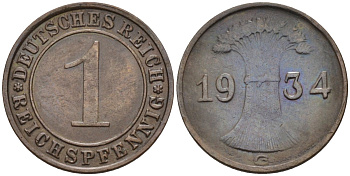 Германия 1 рейхспфенниг 1934 G KM 37, J.313, Weege 2 медь 4585-631