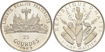 Гаити 25 гурдов 1969 10 лет революции, 155 гр. KM 67.1 серебро PROOF 1069-4-43