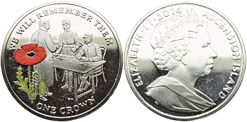 Остров Вознесения 1 крона 2014 в память героев первой мировой войны, допрос, красный мак KM NEW медно-никель, эмаль PROOF 1071-4-53