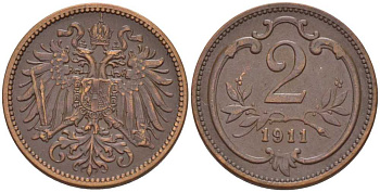 АВСТРИЯ 2 ГЕЛЛЕРА 1911 ФРАНЦ ИОСИФ (1846-1918) KM 2801 бронза 201-333