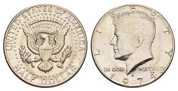 США 1/2 доллара (50 центов) 1974 D, Джон Кеннеди KM 202b медь плакированная медно-никелем aUNC 4131-224