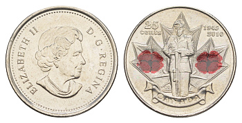 Канада 25 центов 2010 65 лет победе во Второй Мировой войне KM 1028 сталь плакированная никелем UNC 4652-1151