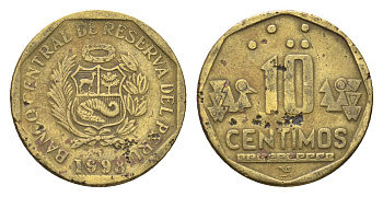 Перу 10 сентимо 1998 KM 305 латунь 4664-446