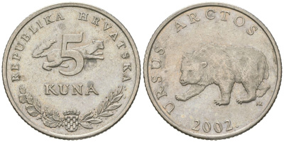 Хорватия 5 кун 2002 бурый медведь, легенда на латинском KM 23 медь цинк никель aUNC 4385-531