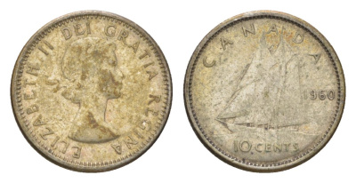 Канада 10 центов 1960 Елизавета II (1952-2022), парусник KM 51 серебро 4623-926