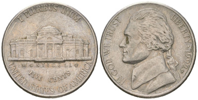 США 5 центов 1992 P, Томас Джефферсон KM A192 медно-никель aUNC 216-353