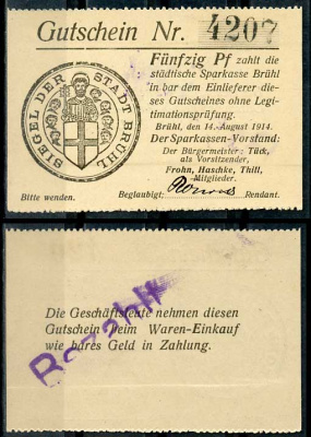 Германия, Брюль 50 пфеннигов 1914 нотгельд, 1914/1915 Diessner 52.7.a бумага UNC (пресс) 8614-44-2-1