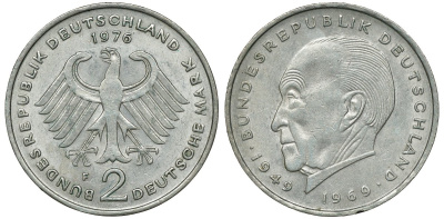 ФРГ 2 марки 1976 F, Конрад Аденауэр KM 124, J. 406 медно-никель плакированный никелем UNC 4681-912