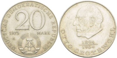 ГДР 20 марок 1973 А, Отто Гротеволь (1894-1964) KM 47 медно-никель 4521-541