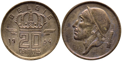 Бельгия 20 сантимов 1954 Belgie, Бодуэн I (1951-1993) KM 147.1 бронза 4392-854