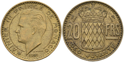 Монако 20 франков 1951 Ренье III (1949-2005) KM 131 алюминиевая бронза 4584-226