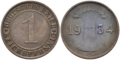 Германия 1 рейхспфенниг 1934 G KM 37, J.313, Weege 2 медь 4585-631