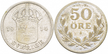 Швеция 50 эре 1914 W, Густав V (1907-1950) KM 788 серебро 4402-336