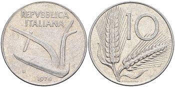Италия 10 лир 1976 R, плуг KM 93 алюминий 4592-1256