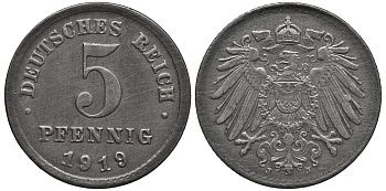 ГЕРМАНИЯ 5 ПФЕННИГОВ 1919 J KM 19, Jager 297, Weege 5 железо 4547-618