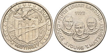 США жетон ND Аполлон 16, пятая высадка людей на Луну, C. Duke, J.Young, T.Mattingly, диаметр 26 мм. белый металл 4572-746