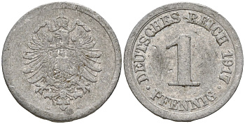Германия 1 пфенниг 1917 A KM 24, J. 300, Weege 2 алюминий 4151-1223