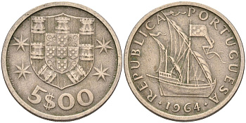 Португалия 5 эскудо 1964 парусник KM 591 медно-никель 4126-615