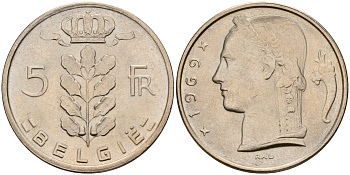 Бельгия 5 франков 1969 Belgie KM 135.1 медно-никель  UNC  4187-313