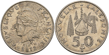 Французская Новая Каледония 50 франков 2012 хижина среди сосен и пальм, (IEOM) KM 13a, Schoen 15a, Lec 128i медно-никель 4111-1011