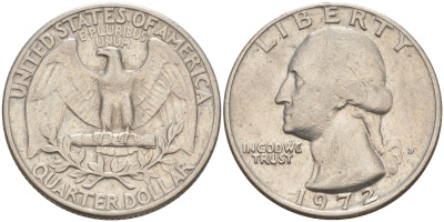 США 25 центов (квотер) 1972 D, Вашингтон KM 164a медь плакированная медно-никелем 4114-757