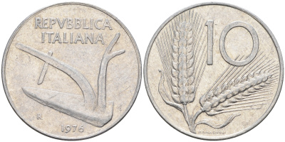 Италия 10 лир 1976 R, плуг KM 93 алюминий 4592-1256