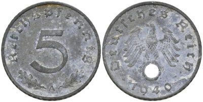 Германия 5 рейхспфеннигов 1940 А, монетный двор Берлин KM 100, J. 370 цинк 186-641