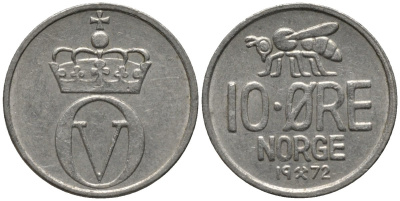 Норвегия 10 эре 1972 пчела, Улаф V (1958-1991) KM 411 медно-никель 214-226