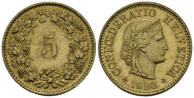 Швейцария 5 раппенов 1983 KM 26c алюминиевая бронза 4173-1053