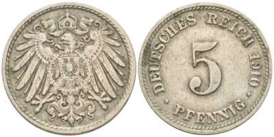 Германия 5 пфеннигов 1910 D KM 11, J. 12 медно-никель 206-1227